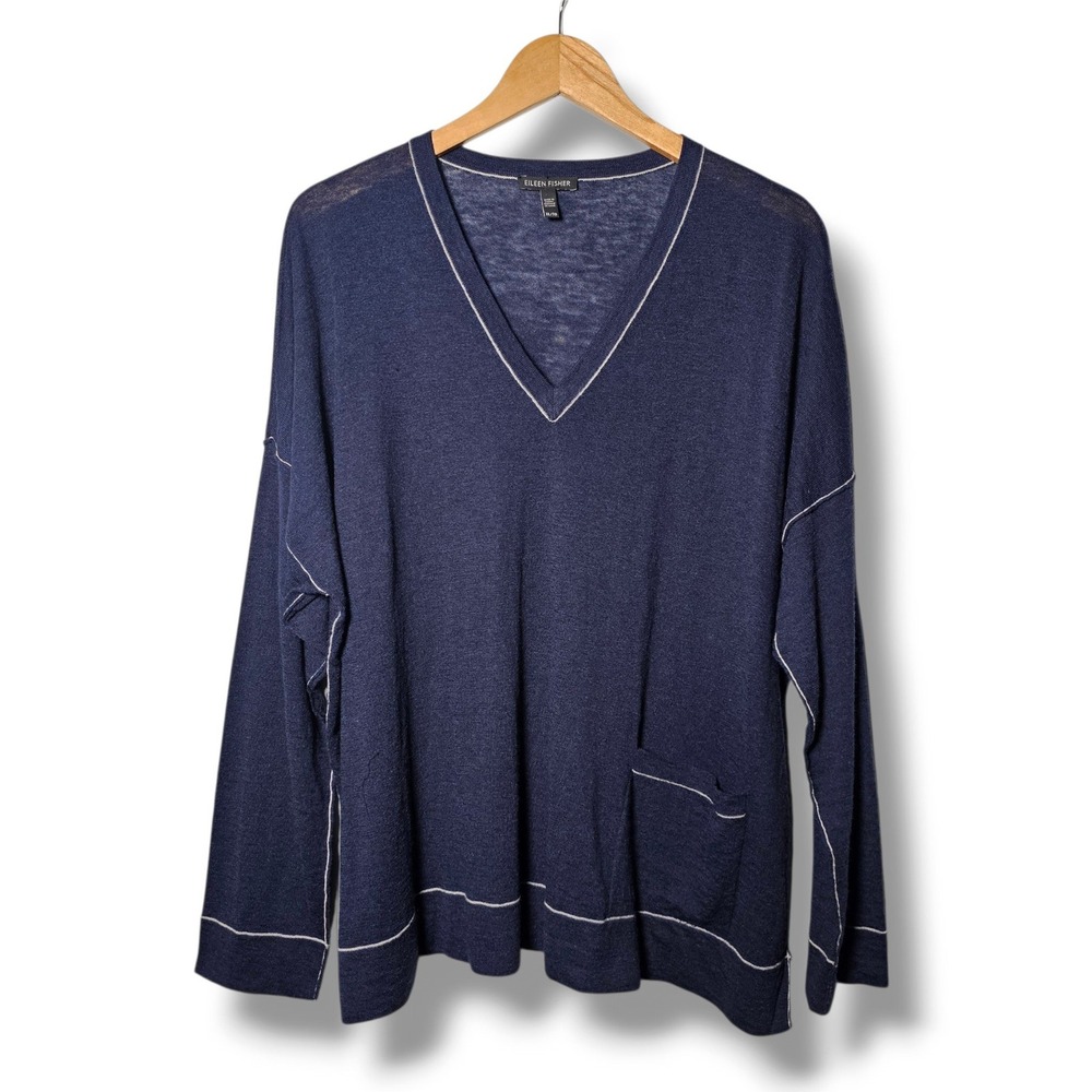 Eileen Fisher Sweater Merino Wool Alpaca XL Navy Blue Lightweight Drop Shoulder